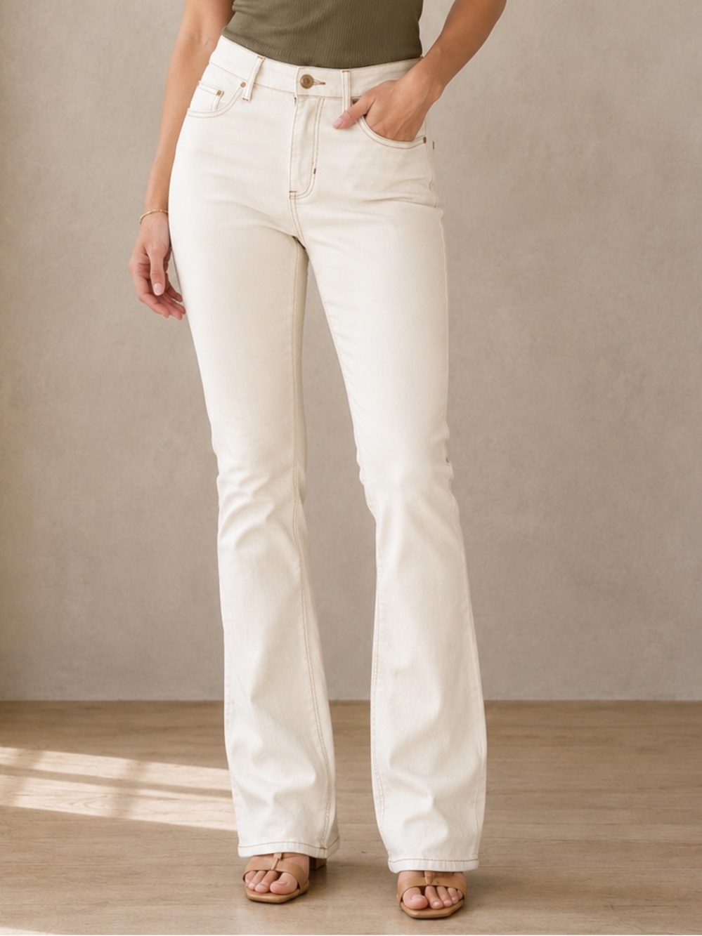 Nicole Miller Cream Boot Cut Jeans With Brown Stitching
